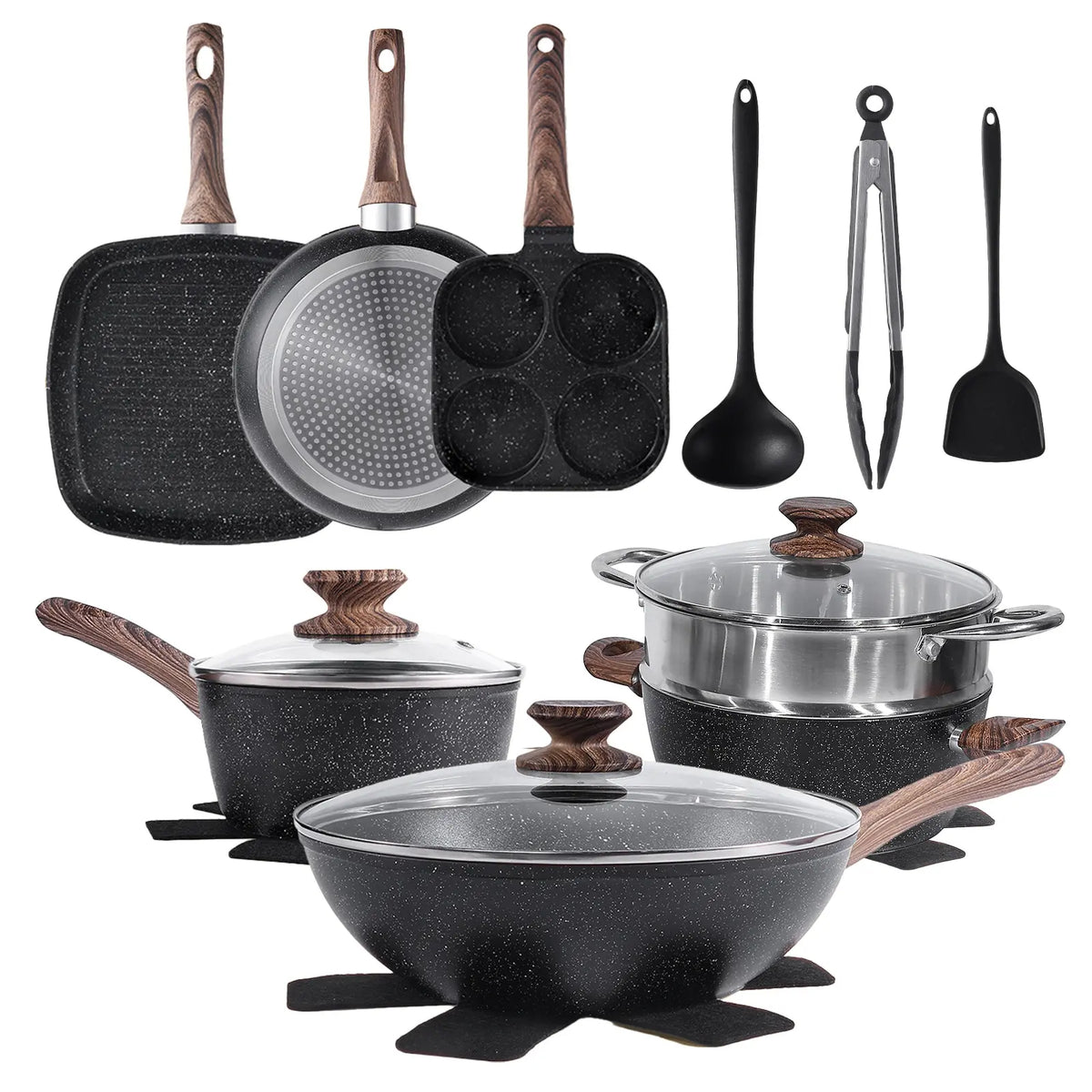 Black Speckled Nonstick Cookware Set With Glass Lids