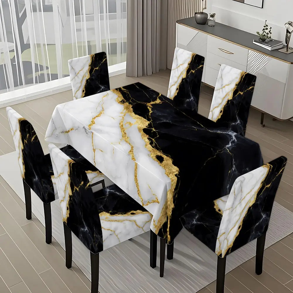 Black White Gold Marble Print Tablecloth and Chair Covers