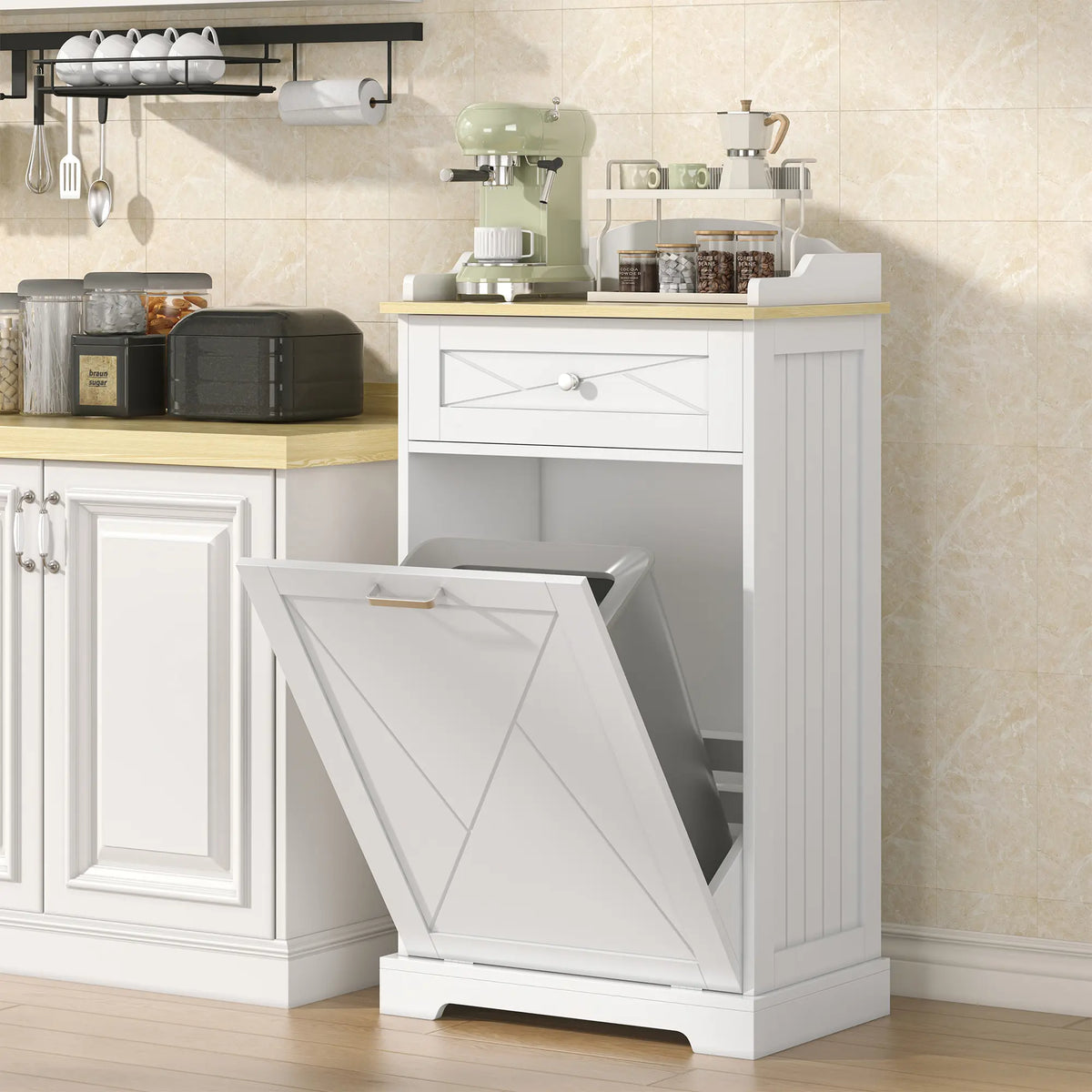 White Wooden Kitchen Cabinet with Tilt-Out Bin