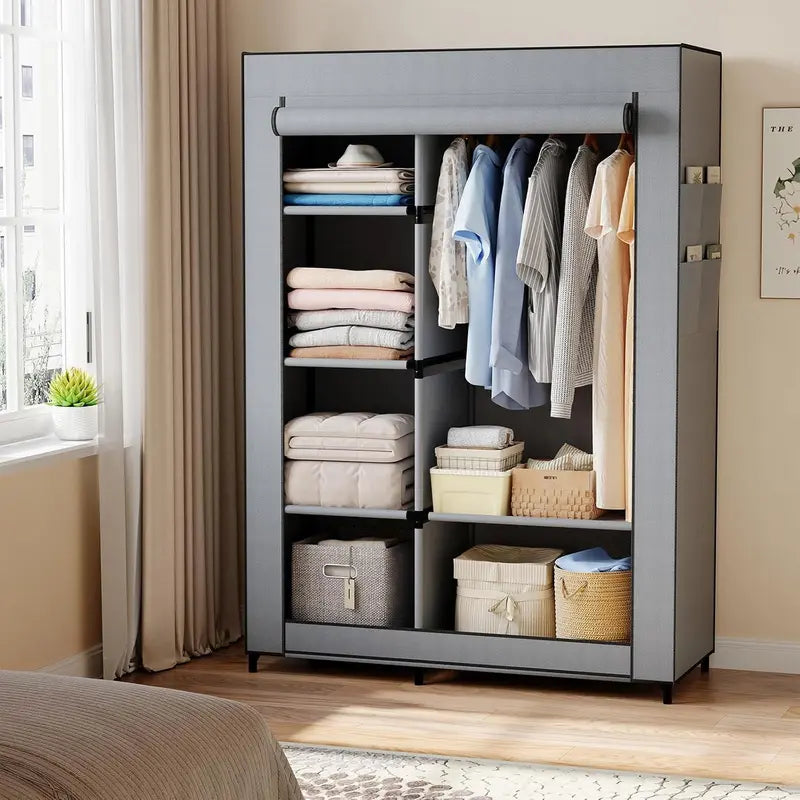 Freestanding Gray Fabric Wardrobe With Hanging Rail