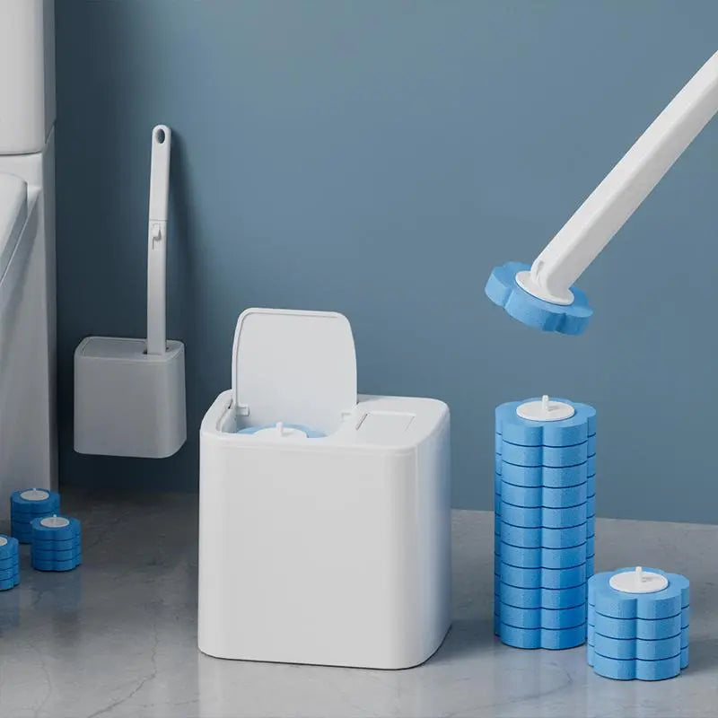 White Wall-Mounted Toilet Brush Set with Blue Refill Heads