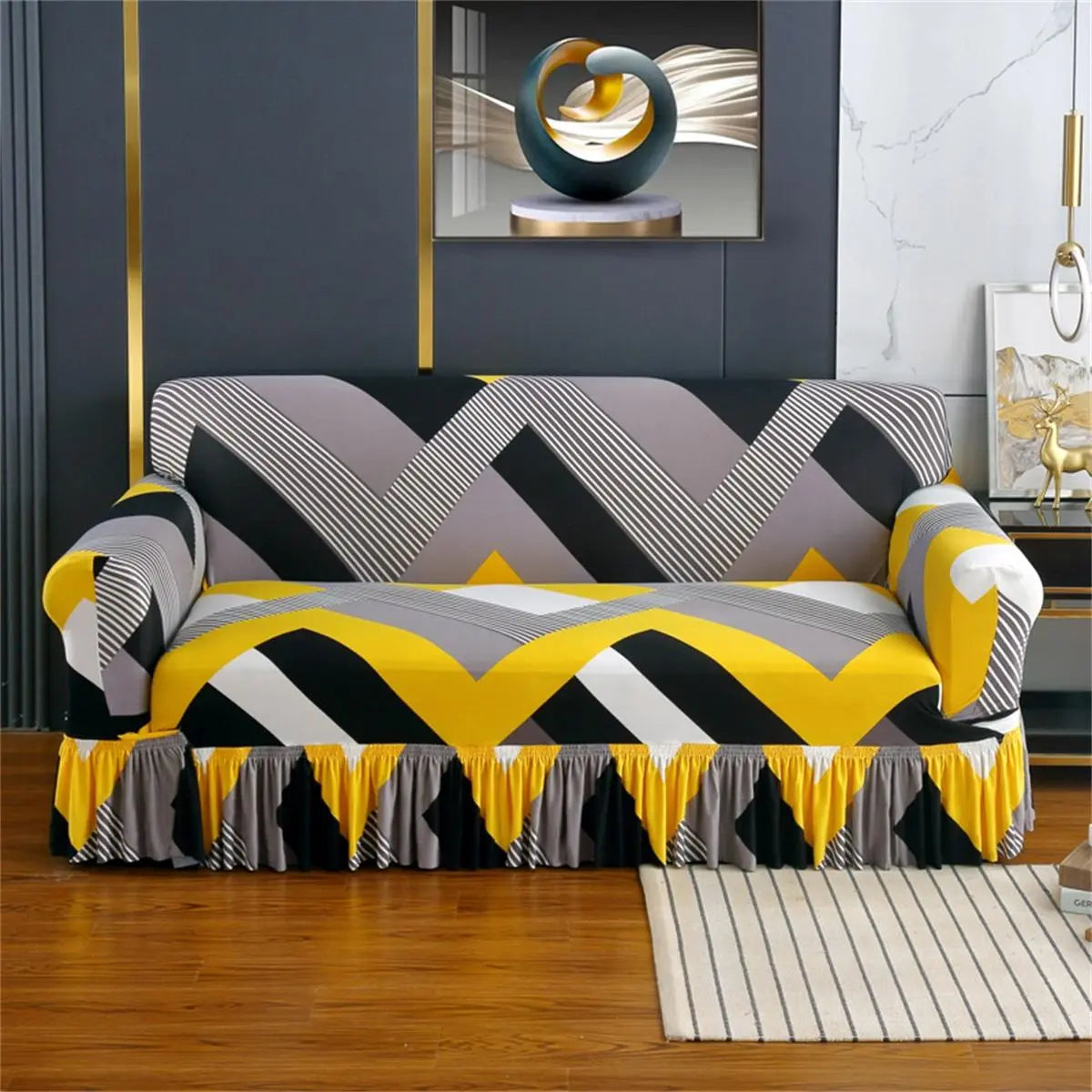 Stretch Sofa Slipcover in Yellow Geometric Print