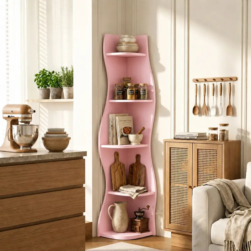 Pink Wavy Corner Shelf with Five Tiers