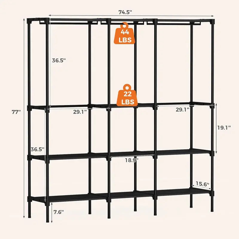Freestanding Black Metal Garment Rack with Shelves