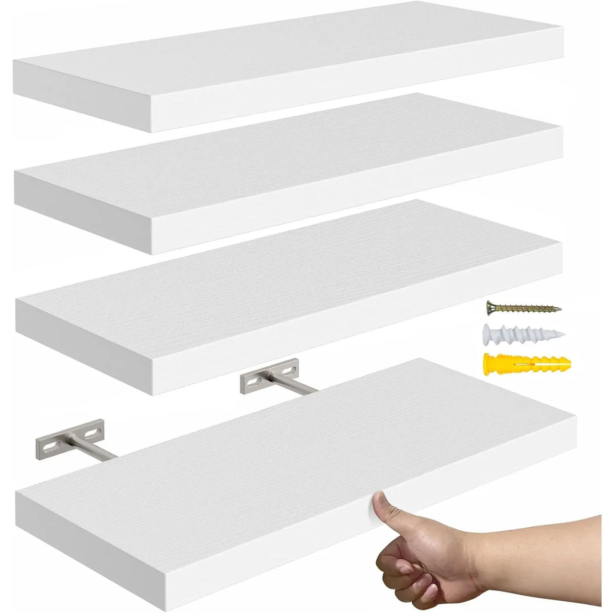 White Wood Grain Floating Wall Shelves, Set of Four