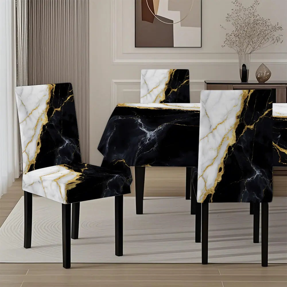Black White Gold Marble Print Tablecloth and Chair Covers