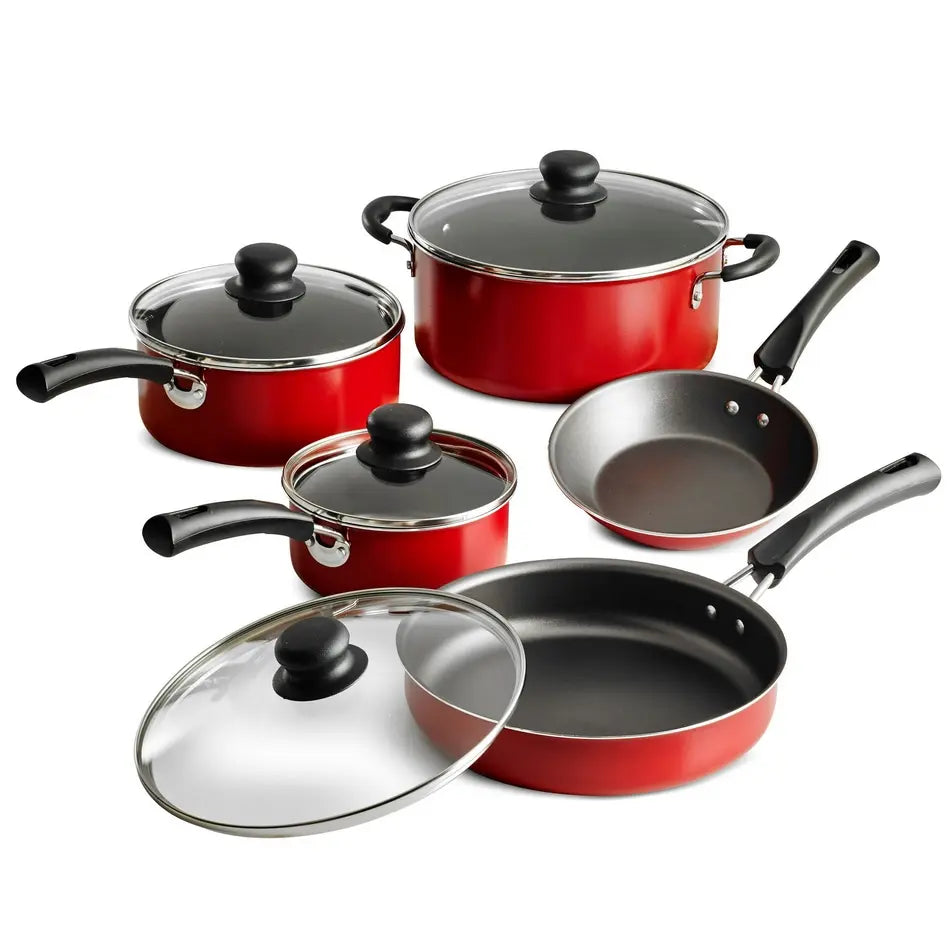 Red Nonstick Cookware Set with Glass Lids
