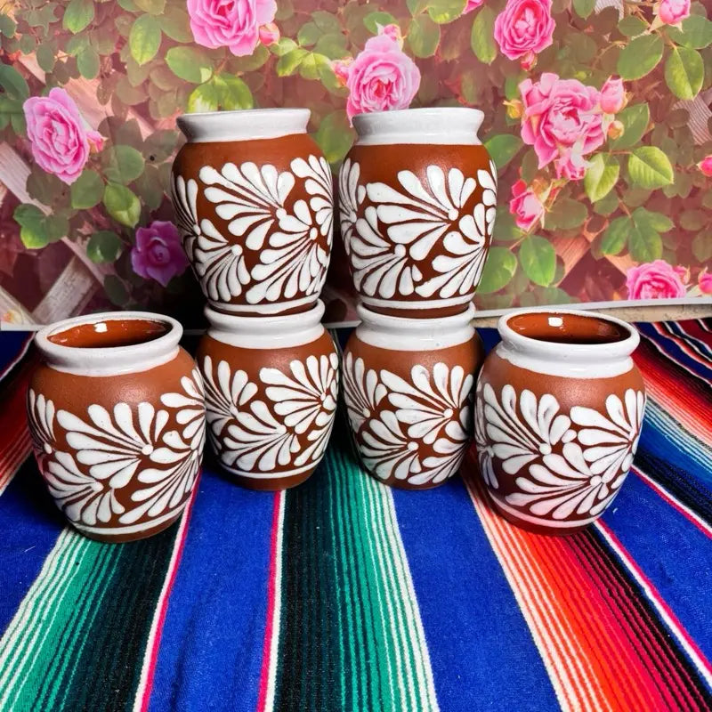 Terracotta Clay Cups with White Painted Floral Pattern