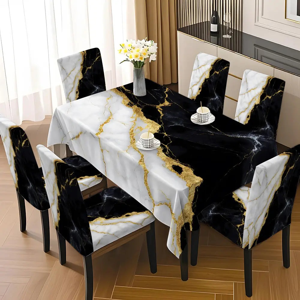 Black White Gold Marble Print Tablecloth and Chair Covers