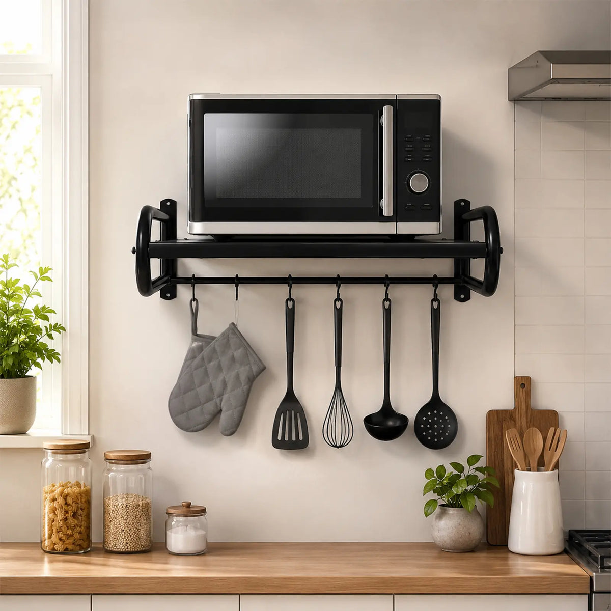 Black Wall-Mounted Metal Shelf with Hanging Hooks