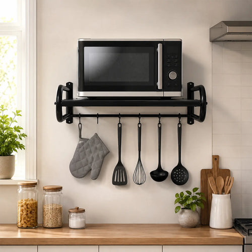 Black Wall-Mounted Metal Shelf with Hanging Hooks