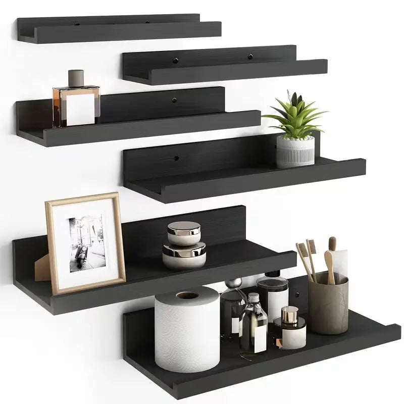 Black Wood Floating Wall Shelves, Set of Six