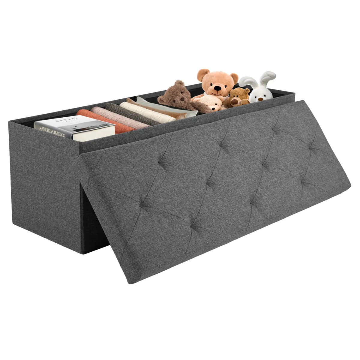 Gray Linen Tufted Folding Storage Ottoman Bench