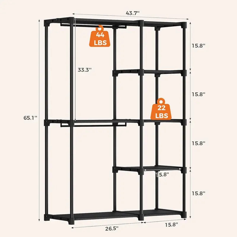Freestanding Black Metal Garment Rack with Shelves