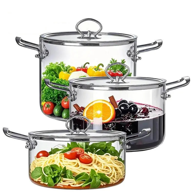 Clear Glass Cooking Pots With Steel Handles