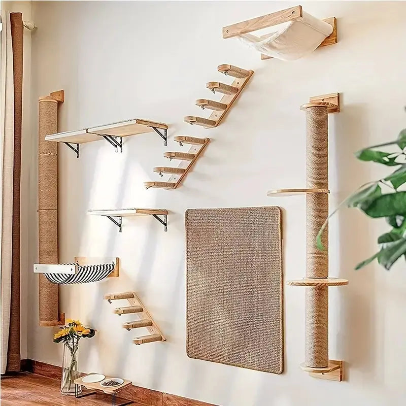 Wall-Mounted Wooden Cat Climbing Shelves Set