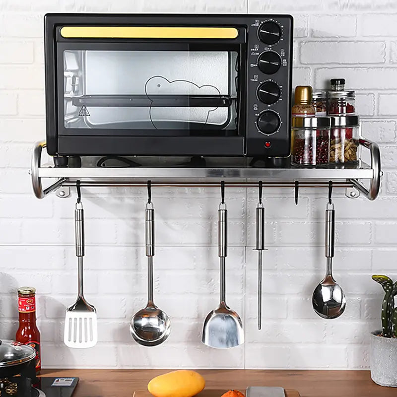 Black Wall-Mounted Metal Shelf with Hanging Hooks