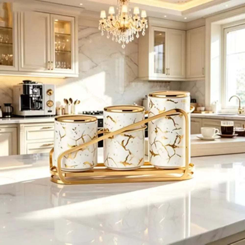 White Marble Pattern Ceramic Jars with Gold Tray