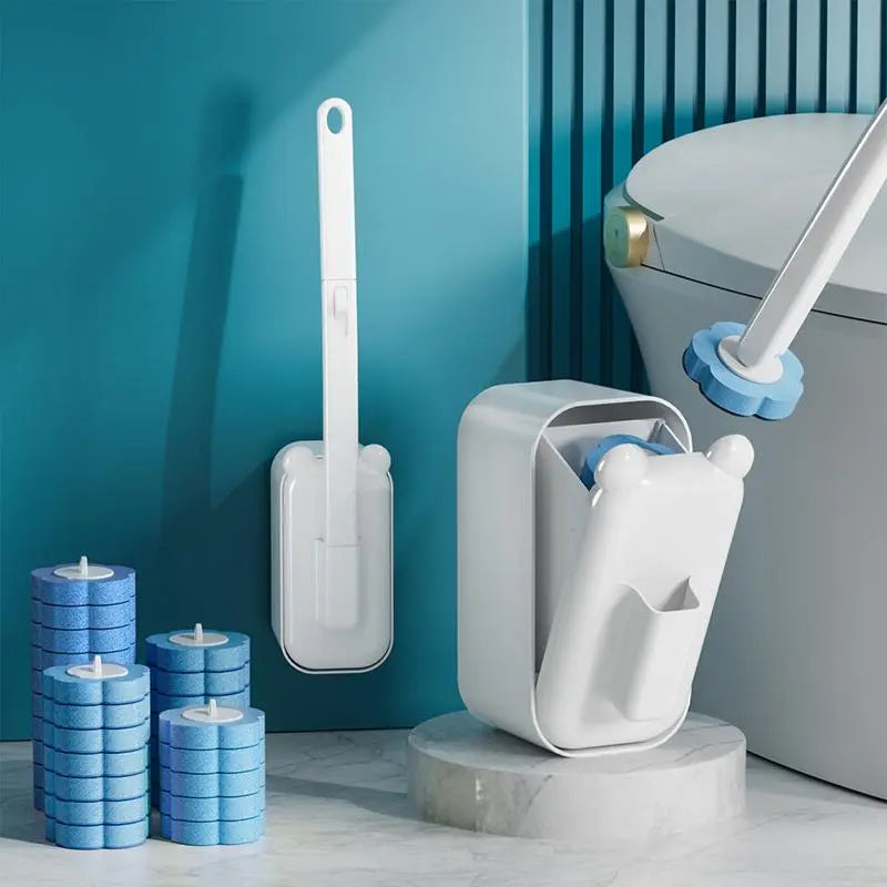 White Wall-Mounted Toilet Brush Set with Blue Refill Heads