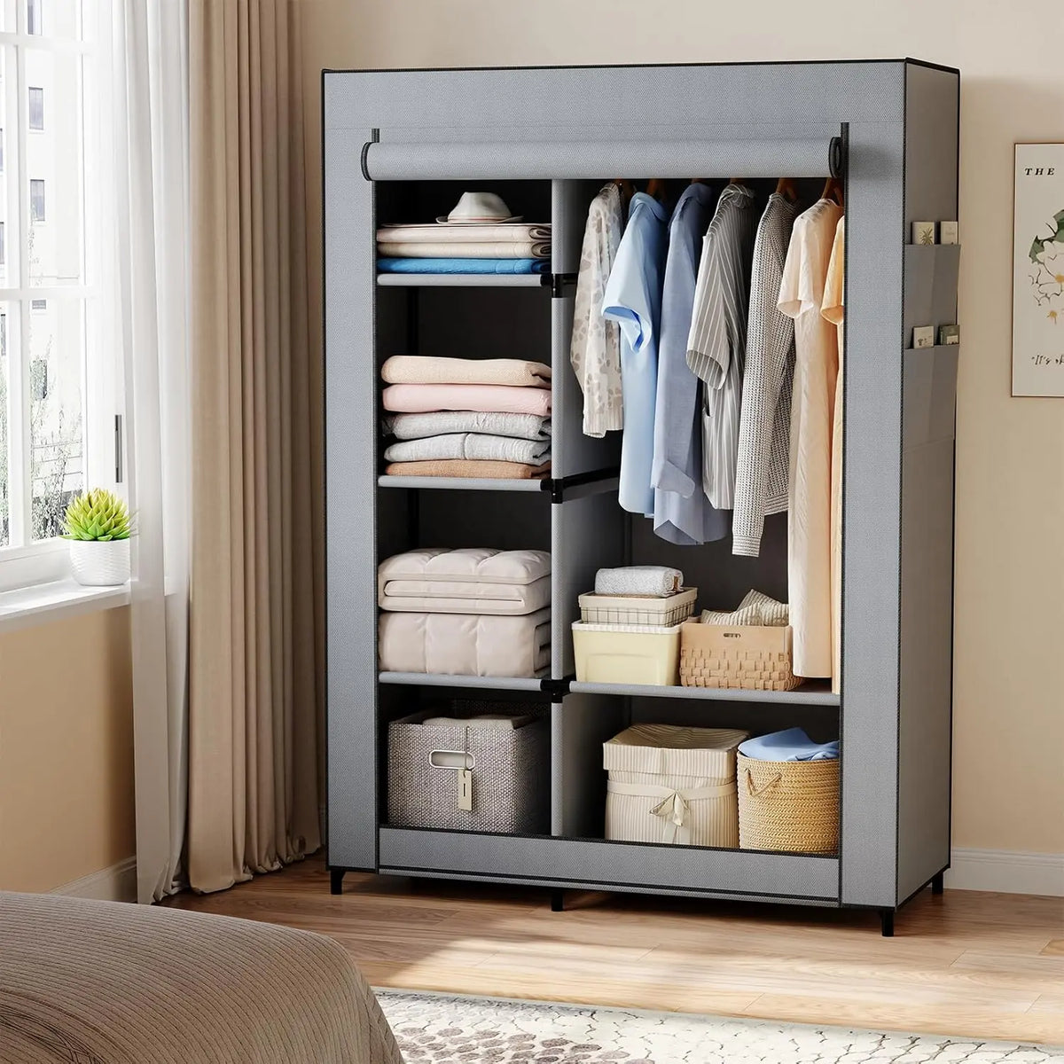 Grey Fabric Wardrobe with Shelves and Hanging Rail