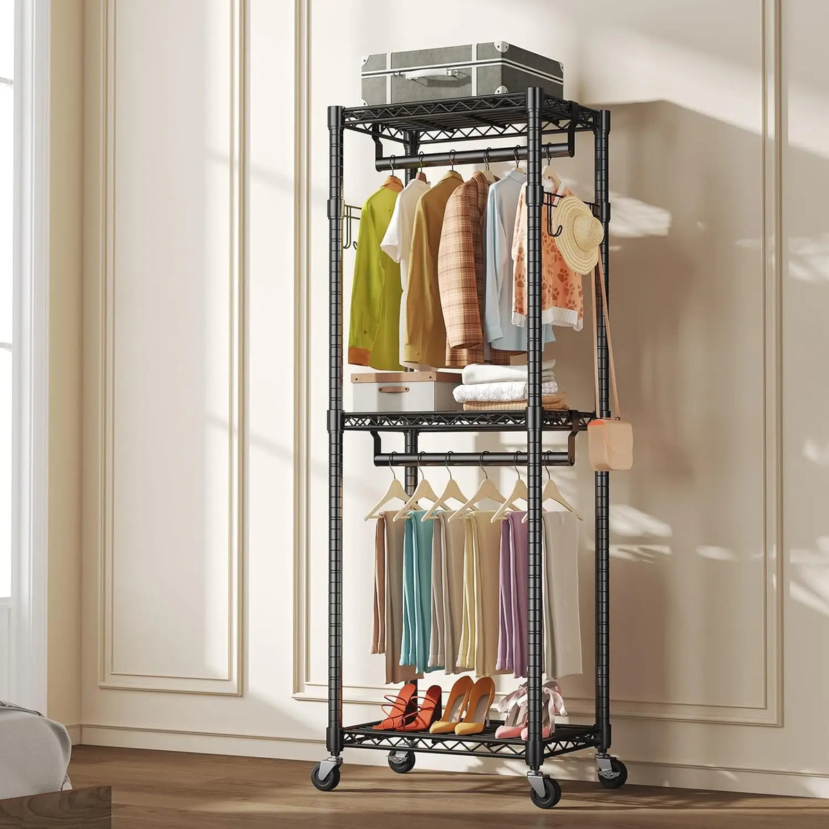 Black Metal Rolling Garment Rack with Two Rods