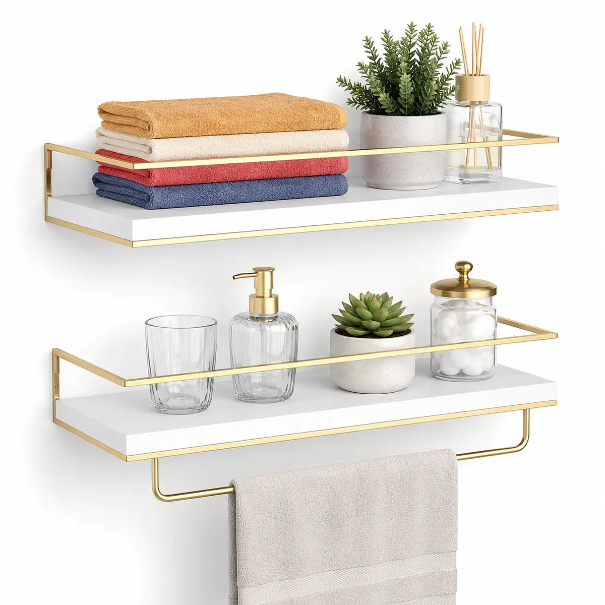 White Floating Shelves Set with Gold Rail and Towel Bar