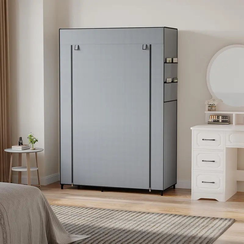 Grey Fabric Wardrobe with Shelves and Hanging Rail
