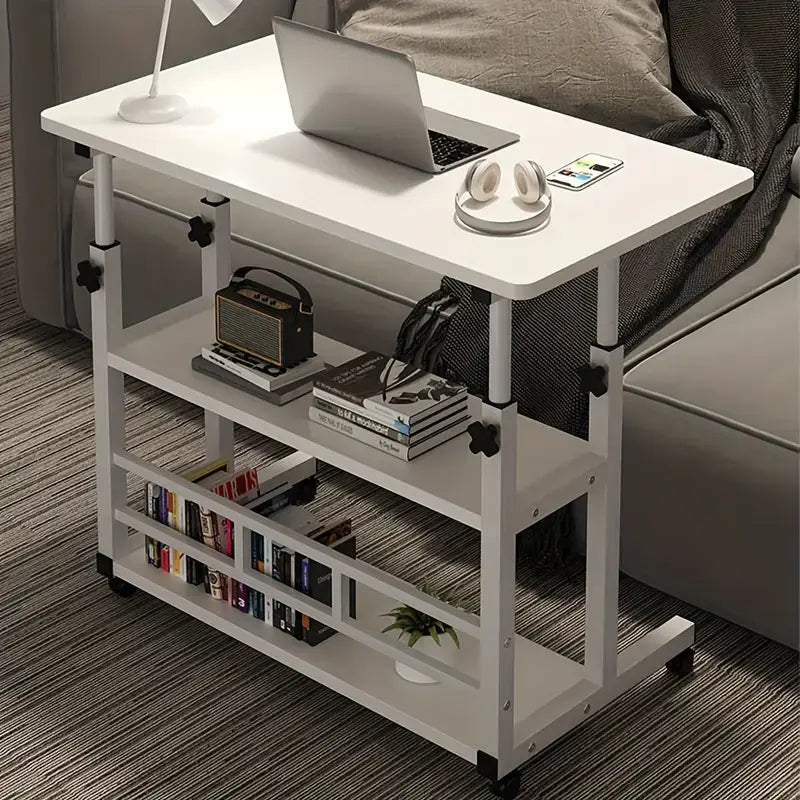 White Rolling Laptop Desk with Two Storage Shelves