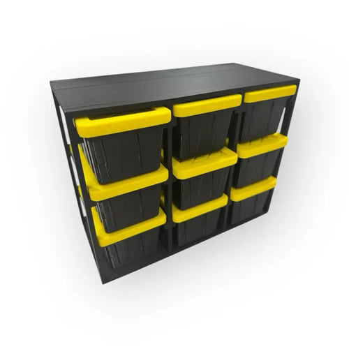 Black Shelf Unit with Nine Yellow-Lidded Bins