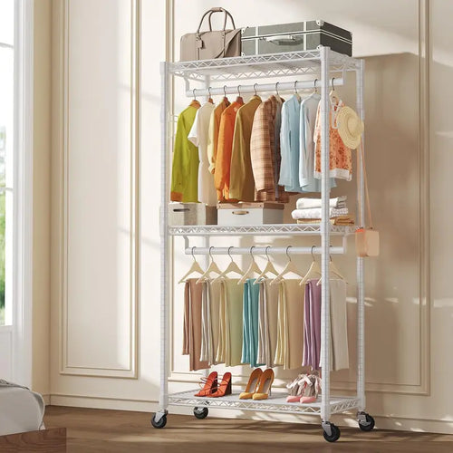 Black Metal Rolling Garment Rack with Two Rods