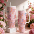 Pink Bow Print Insulated Tumbler With Handle