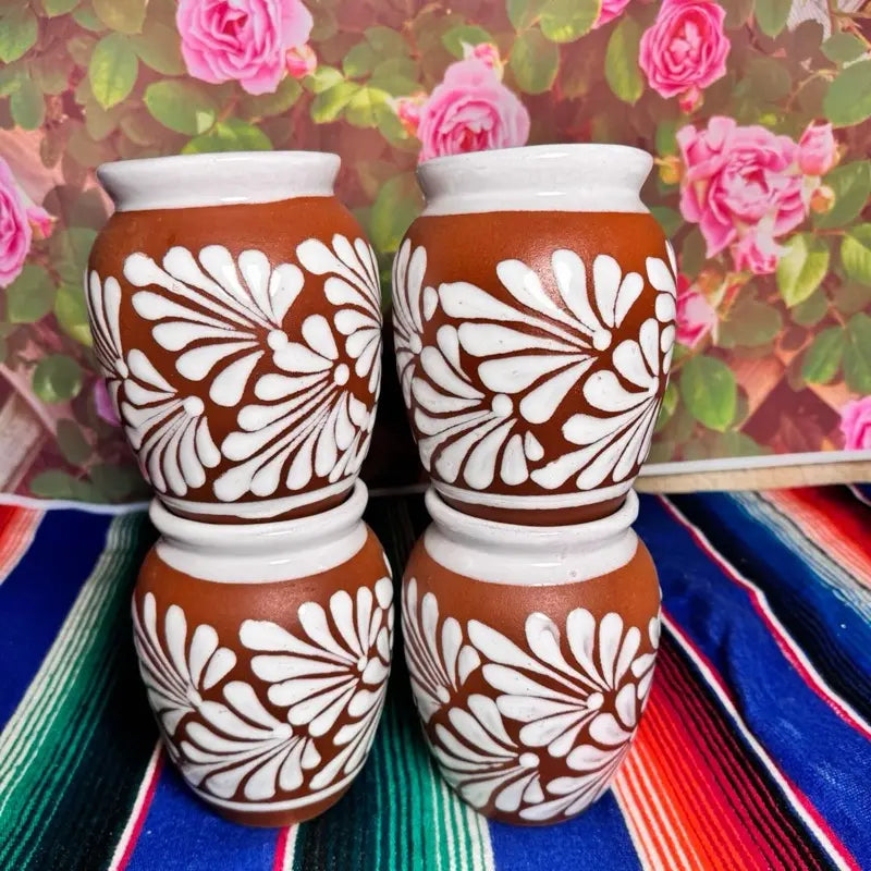 Terracotta Clay Cups with White Painted Floral Pattern