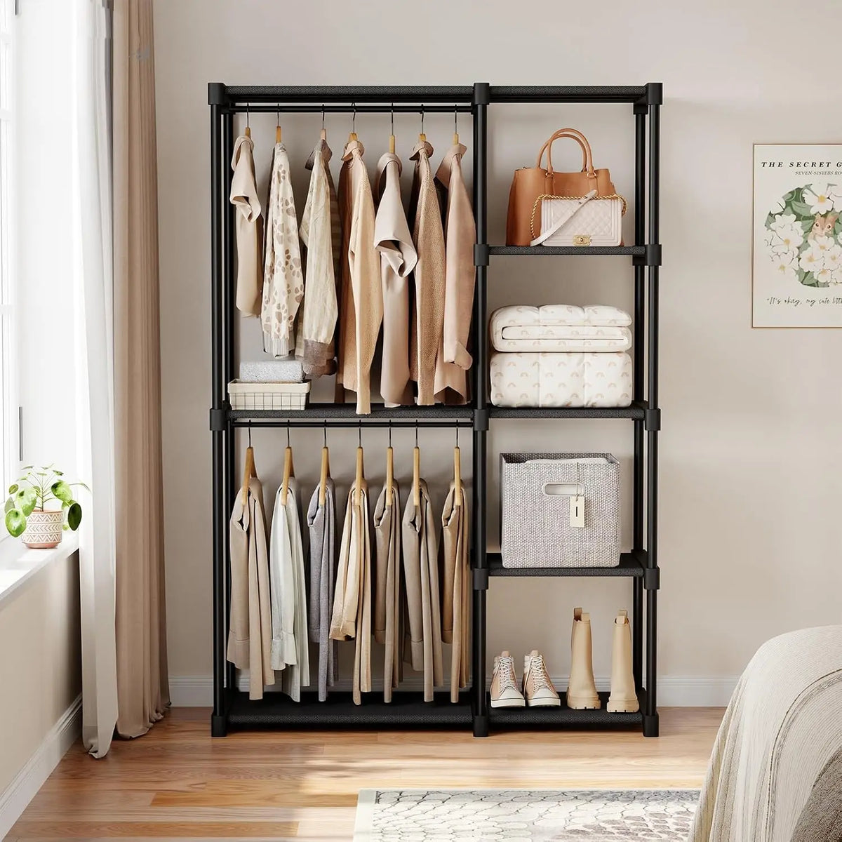Freestanding Black Metal Garment Rack with Shelves