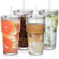 Ribbed Glass Tumblers with Lids and Straws