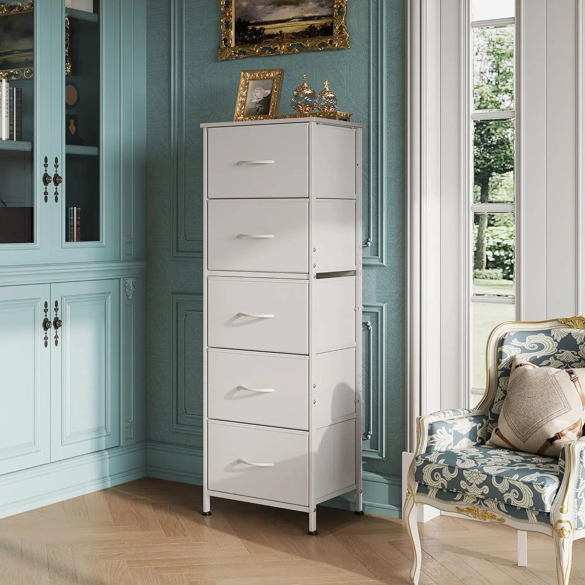 Tall Five-Drawer Fabric Dresser with Metal Frame