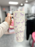 Cream Handled Tumbler With Lavender Bow Print