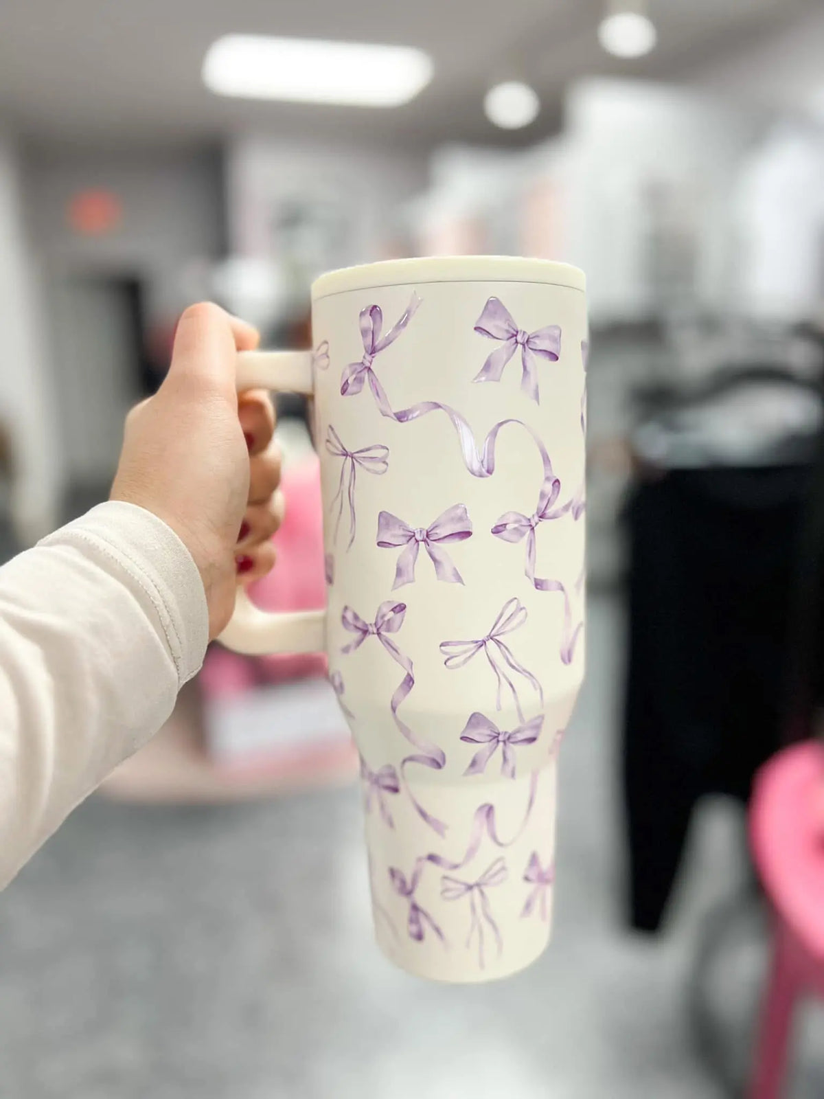 Cream Handled Tumbler With Lavender Bow Print