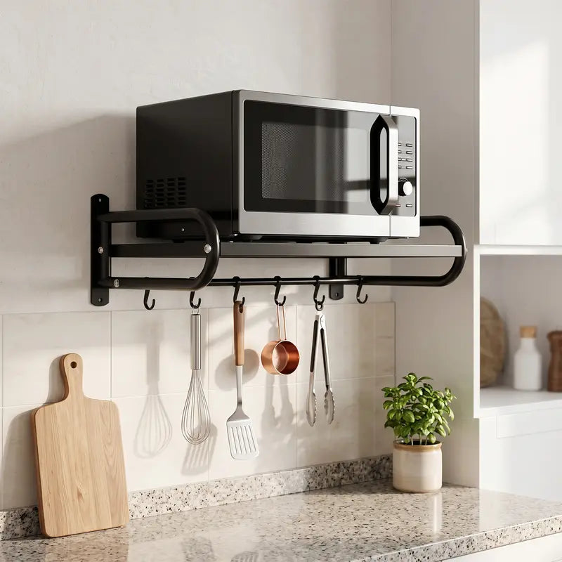 Black Wall-Mounted Metal Shelf with Hanging Hooks
