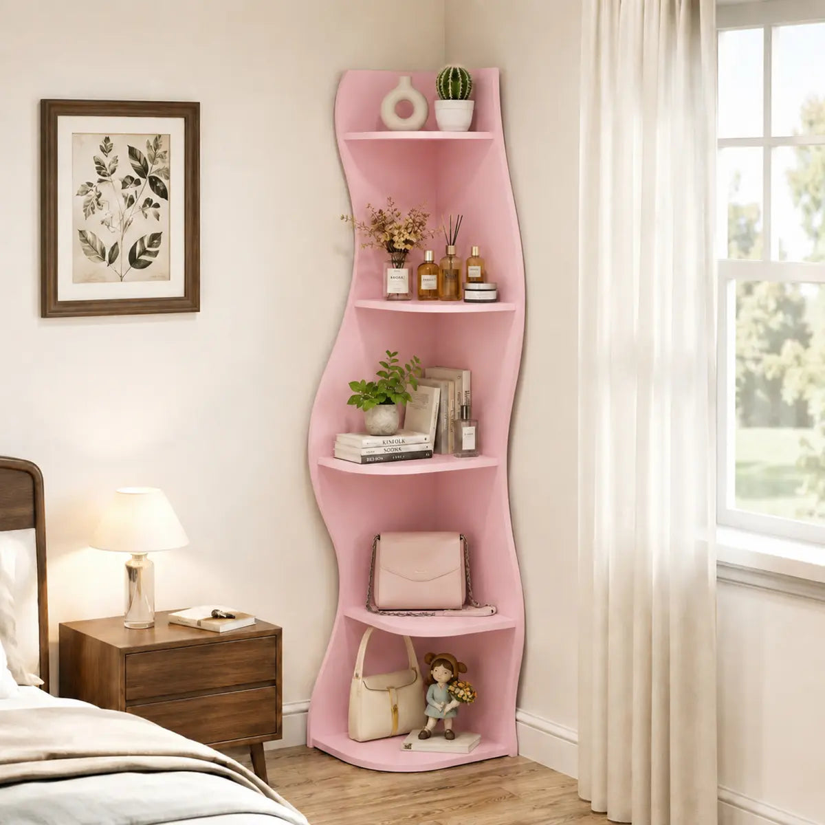 Pink Wavy Corner Shelf with Five Tiers