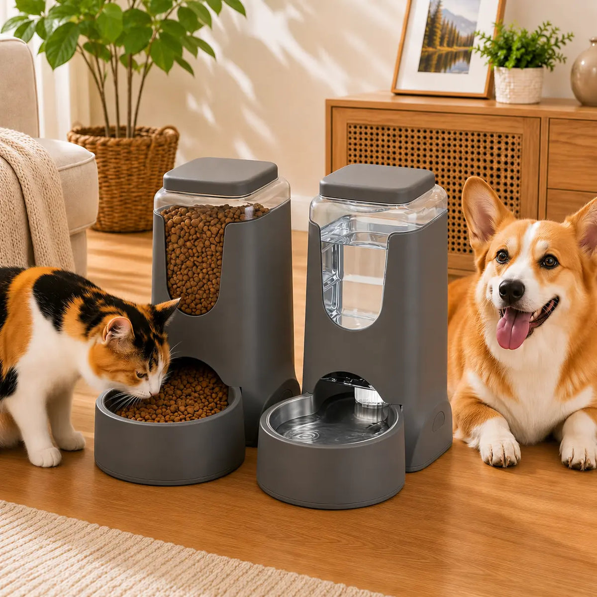 Gray Gravity Pet Feeder and Water Dispenser Set