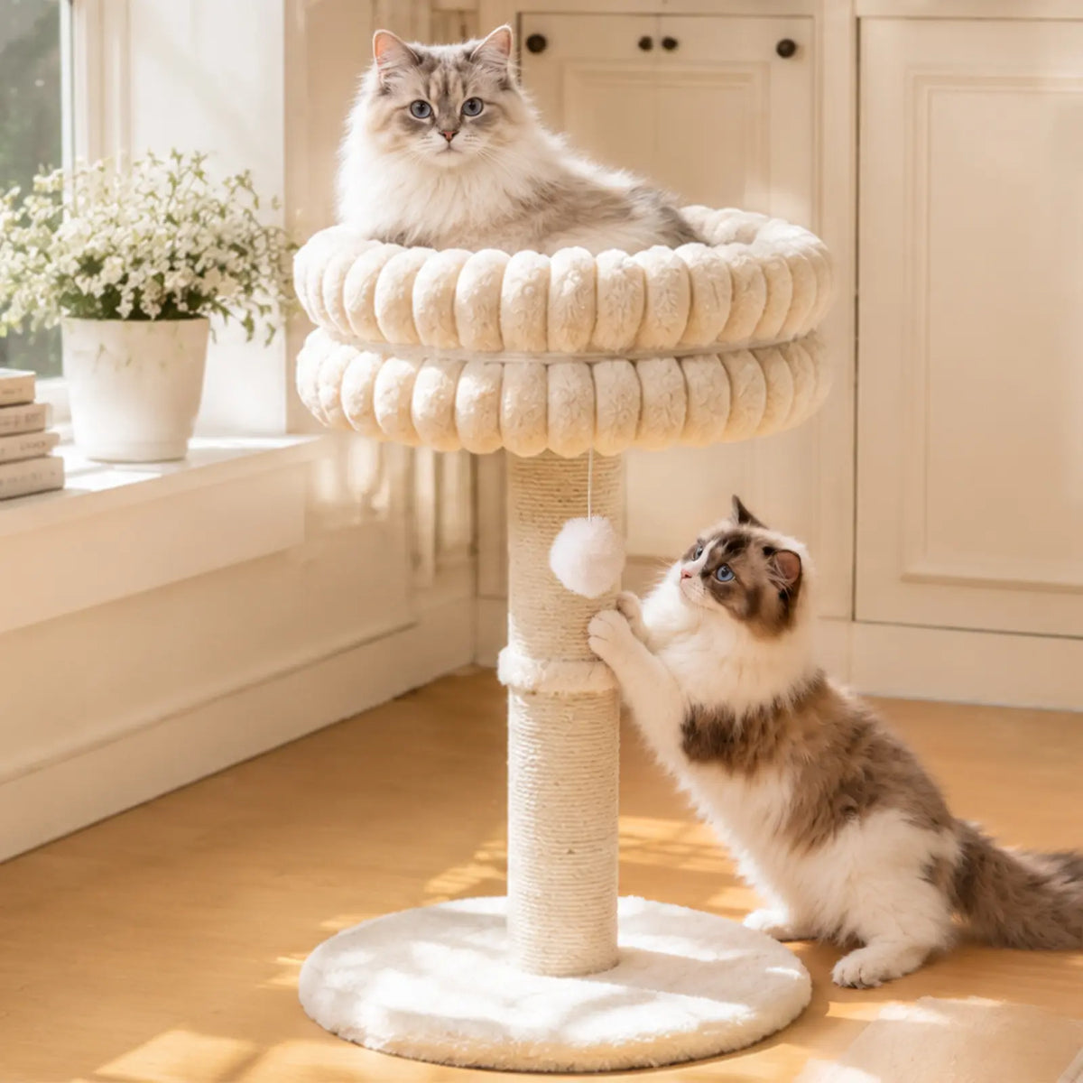 Cream Cat Tree with Sisal Post and Round Perch