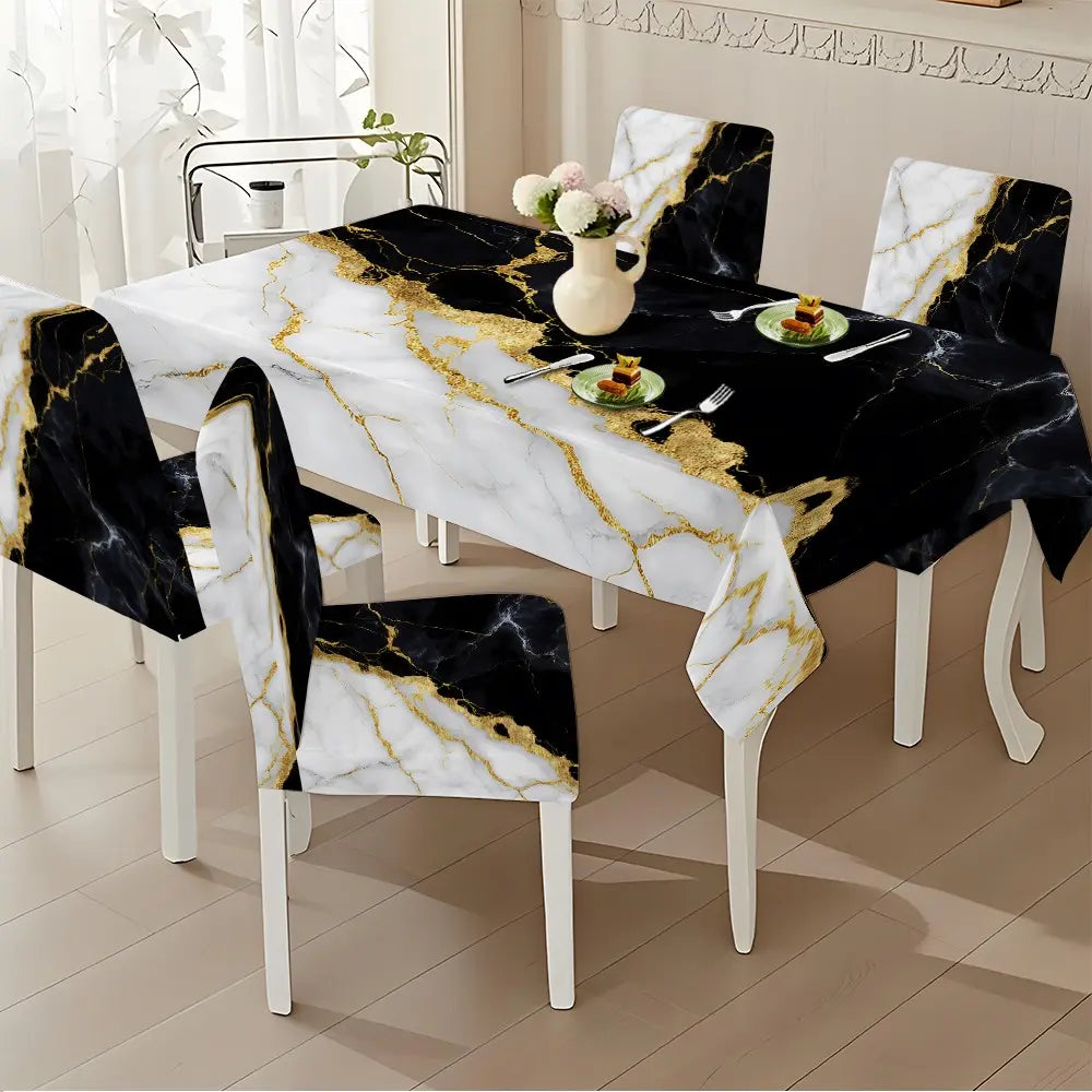 Black White Gold Marble Print Tablecloth and Chair Covers