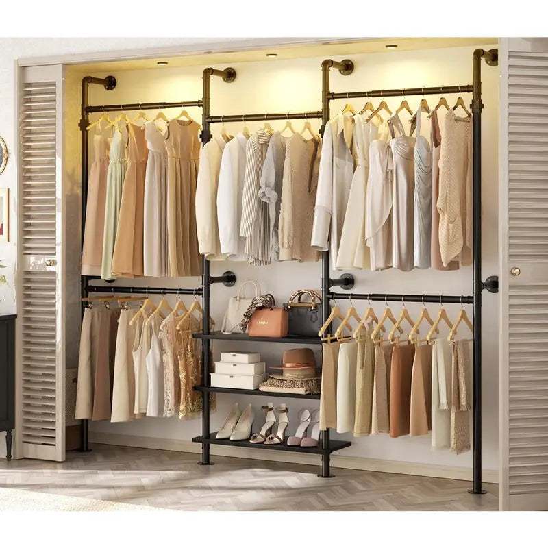 Black Pipe-Style Corner Clothing Rack With Open Shelves