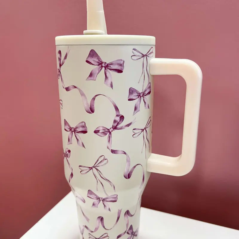 Cream Handled Tumbler With Lavender Bow Print