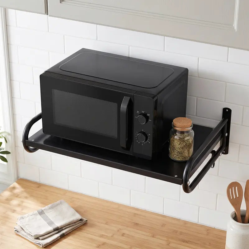 Black Wall-Mounted Metal Shelf with Hanging Hooks