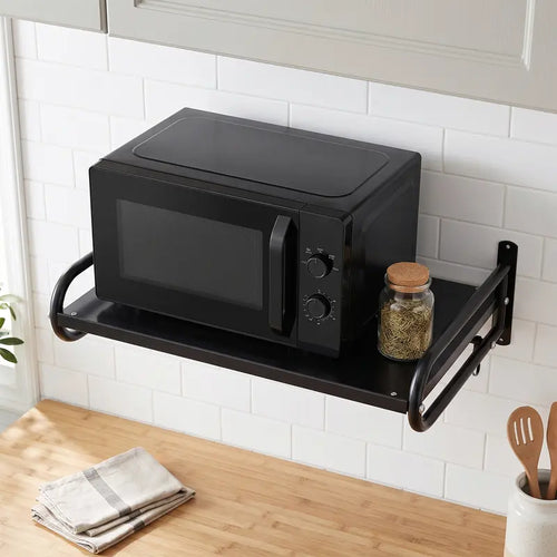 Black Wall-Mounted Metal Shelf with Hanging Hooks