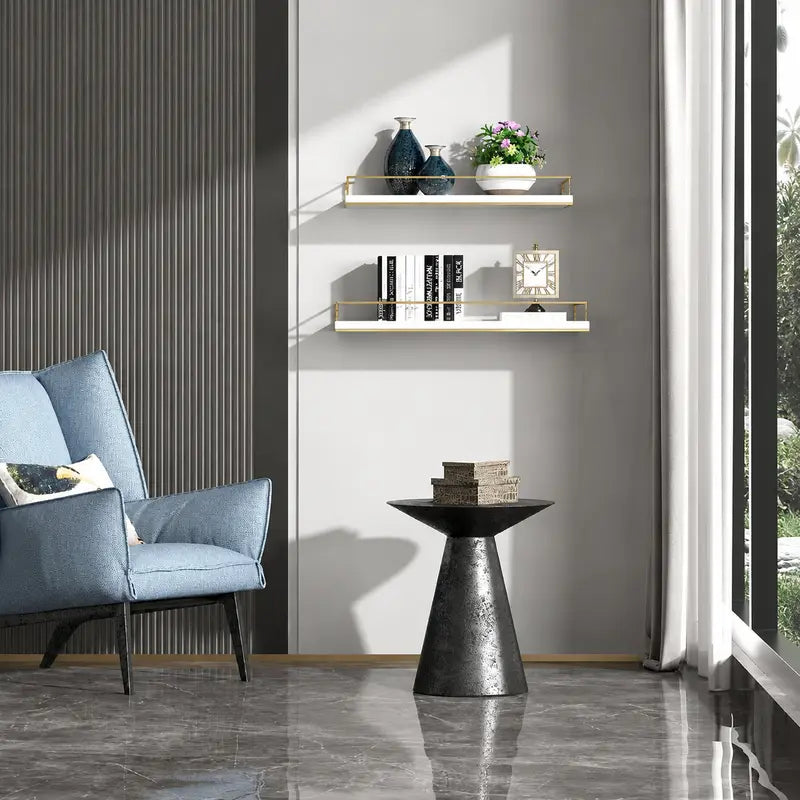 White Floating Shelves Set with Gold Rail and Towel Bar
