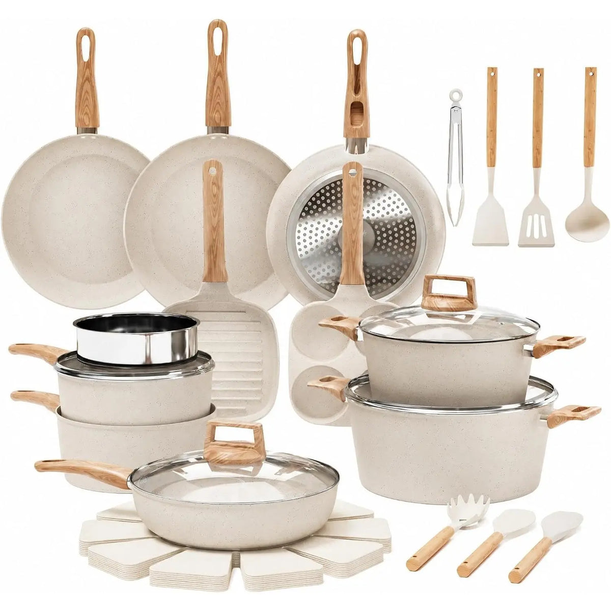 Cream Non-Stick Cookware Set With Wood-Look Handles
