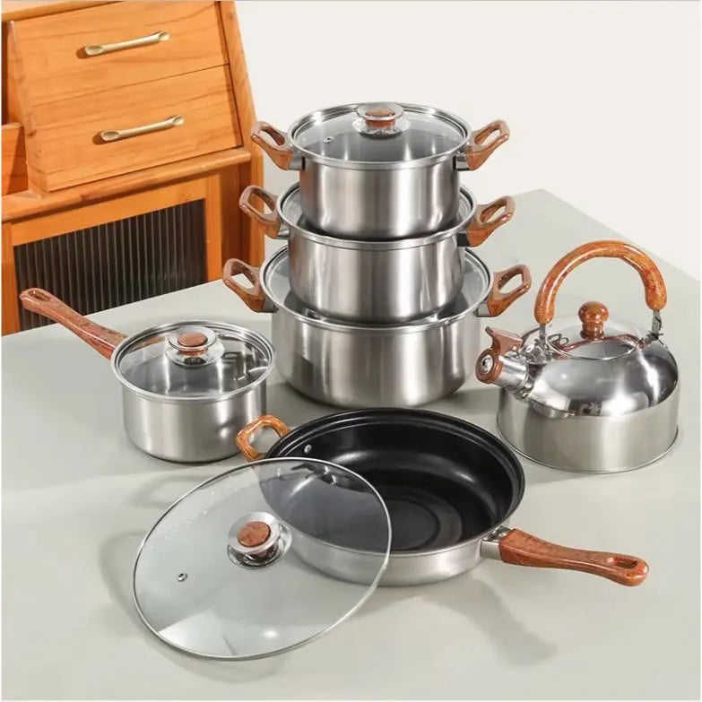 Stainless Steel Cookware Set with Wood Look Handles