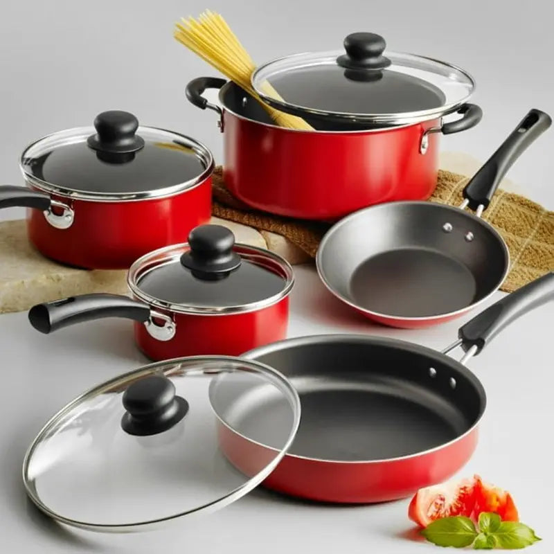 Red Nonstick Cookware Set with Glass Lids